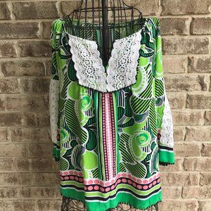 Crown & Ivy Tunic Top Crochet Green Coral Size Med